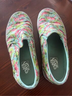 Vans Mint Slip-On Sneakers with Pink Flamingo Pattern